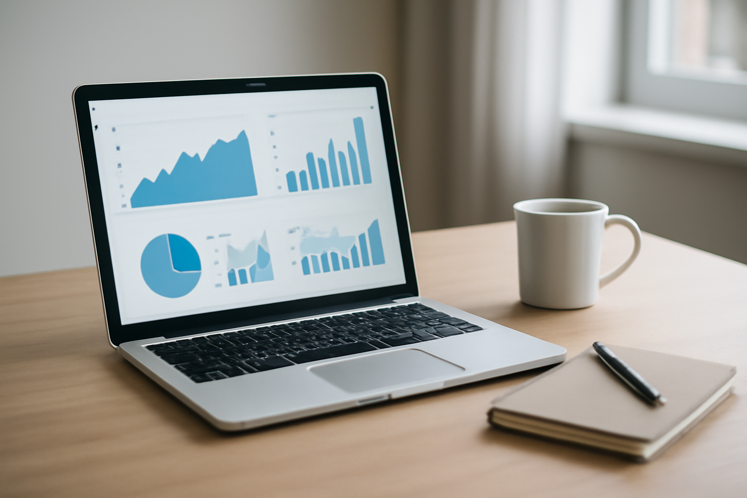 A laptop on an office desk displaying abstract analytics charts, representing website performance measurement and reporting